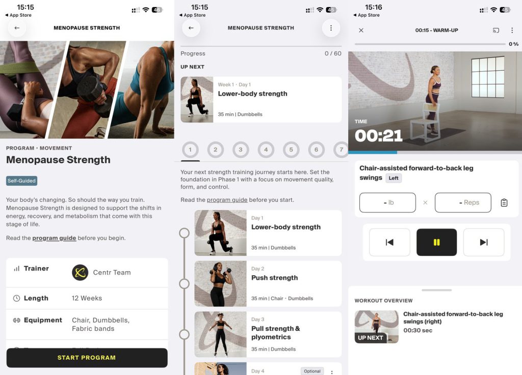 Centr app Menopause Strength program: the 12-week program overview with chair, dumbbells and fabric bands, the week 1 lower-body, push and pull strength plan, and a chair-assisted leg-swing warm-up, Exercise for Menopause Belly: What Actually Works (2026)