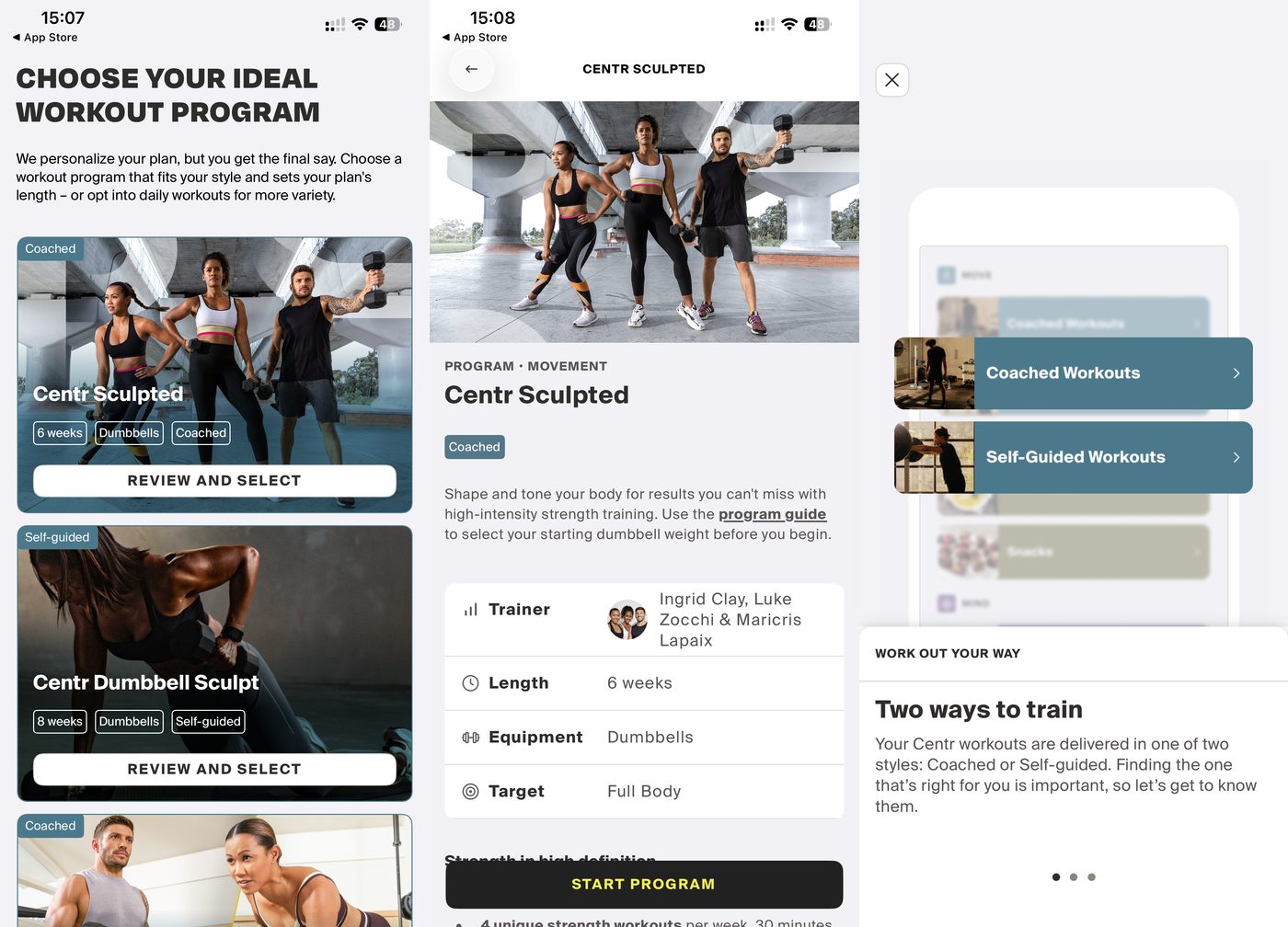 Centr app program selection with Centr Sculpted and Centr Dumbbell Sculpt, the Centr Sculpted coached program page, and the coached versus self-guided choice