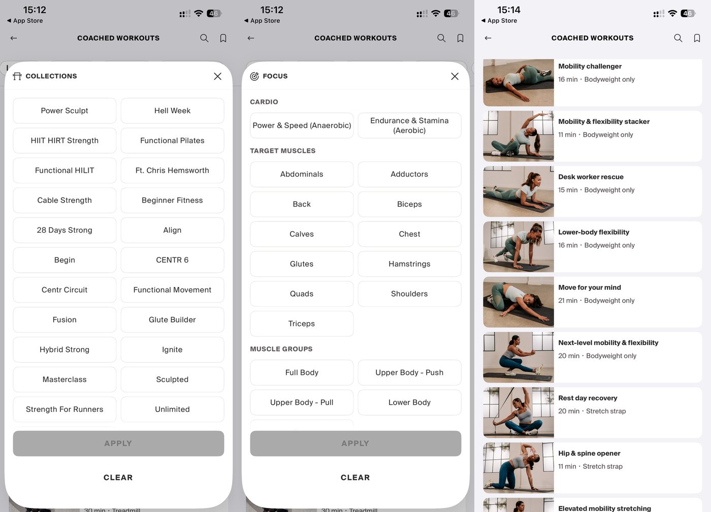 Centr app filters for collections and focus by cardio, target muscles and muscle group, and a list of coached mobility workouts