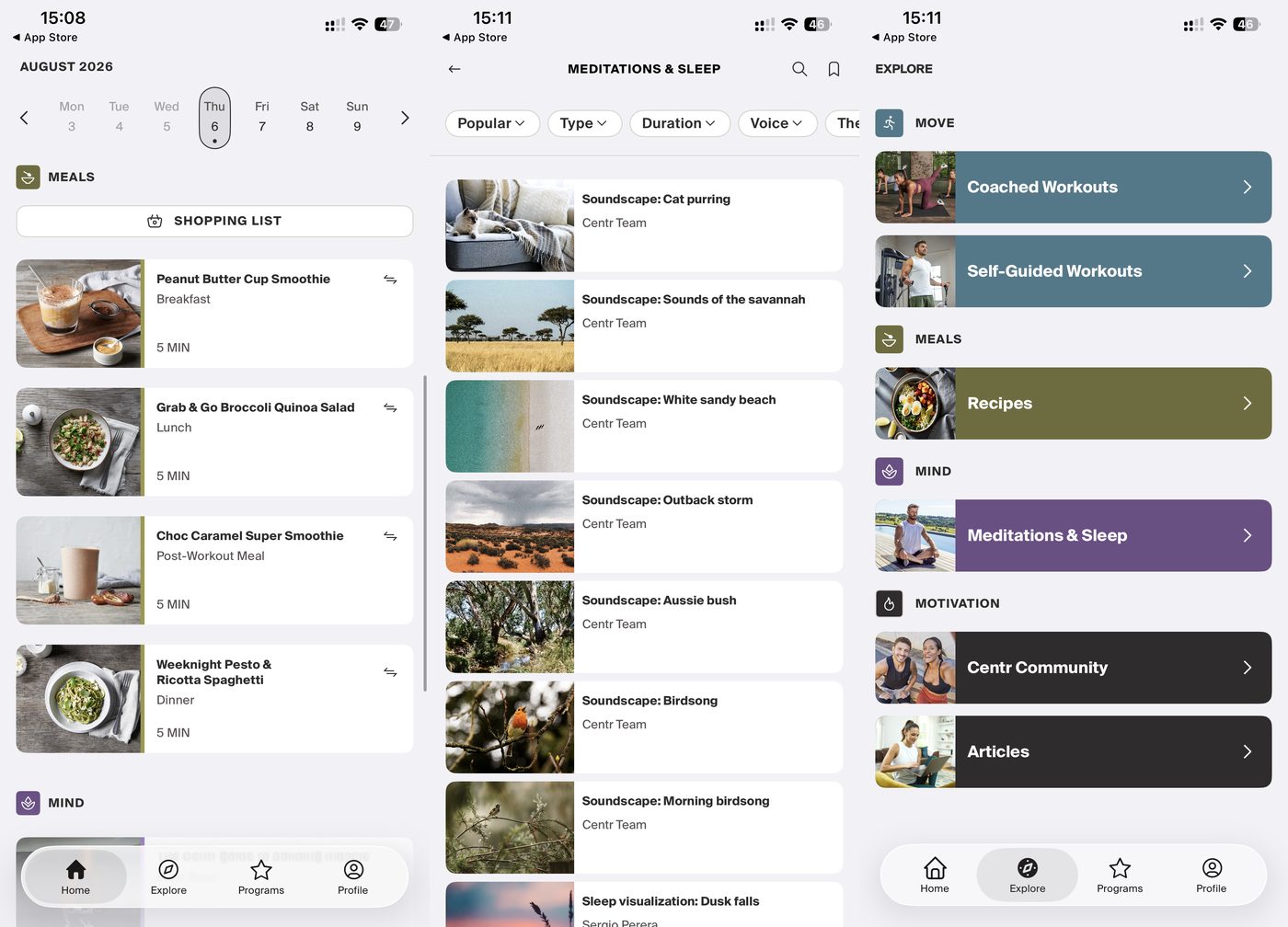 Centr app dietitian meal plan with a shopping list, the meditations and sleep soundscape library, and the Explore hub for Move, Meals, Mind and Motivation