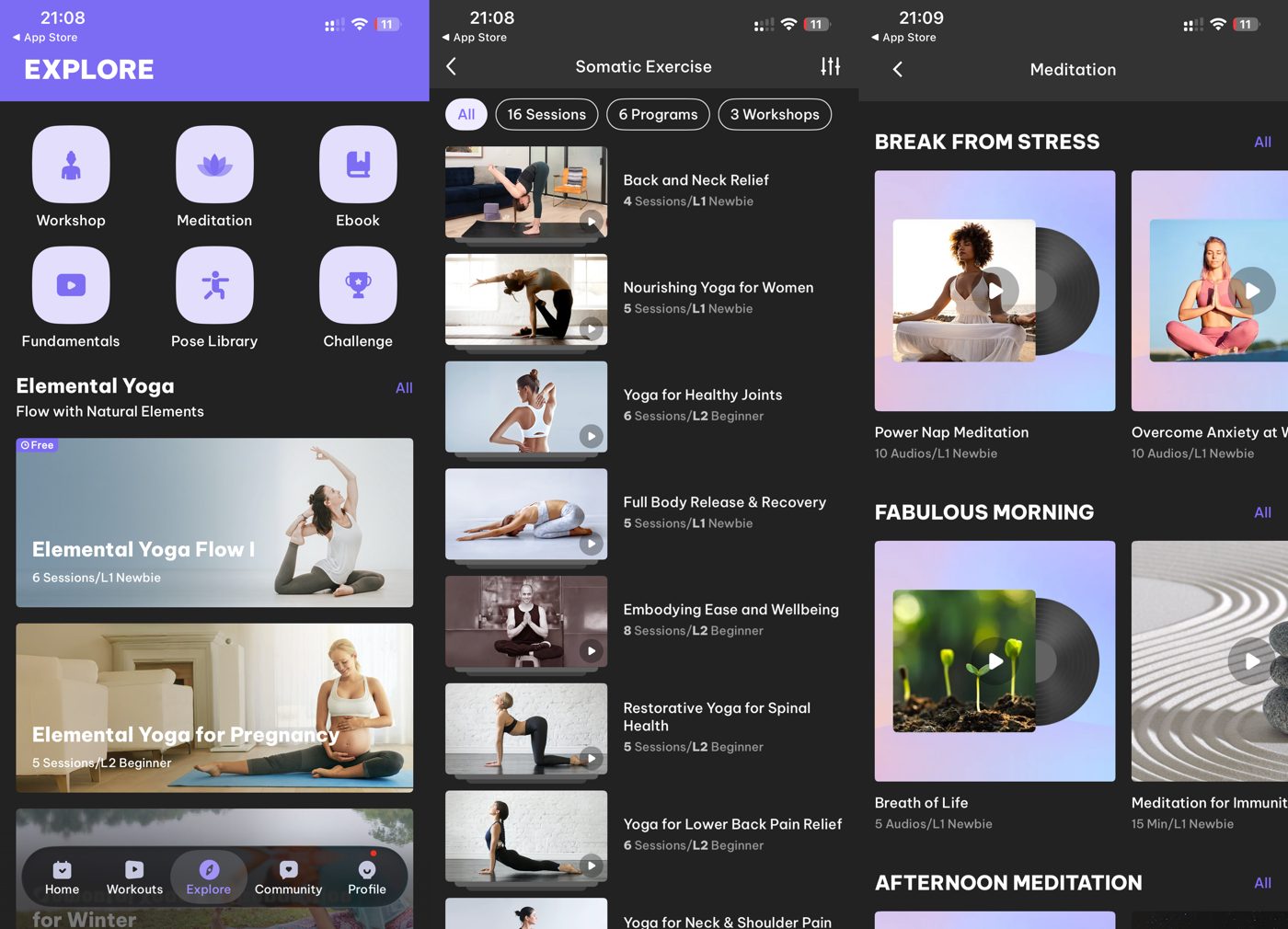 Daily Yoga Explore hub with Workshop, Meditation, Ebook, Fundamentals, Pose Library and Challenge, the Somatic Exercise list with Back and Neck Relief, Nourishing Yoga for Women and Yoga for Healthy Joints, and the Meditation library