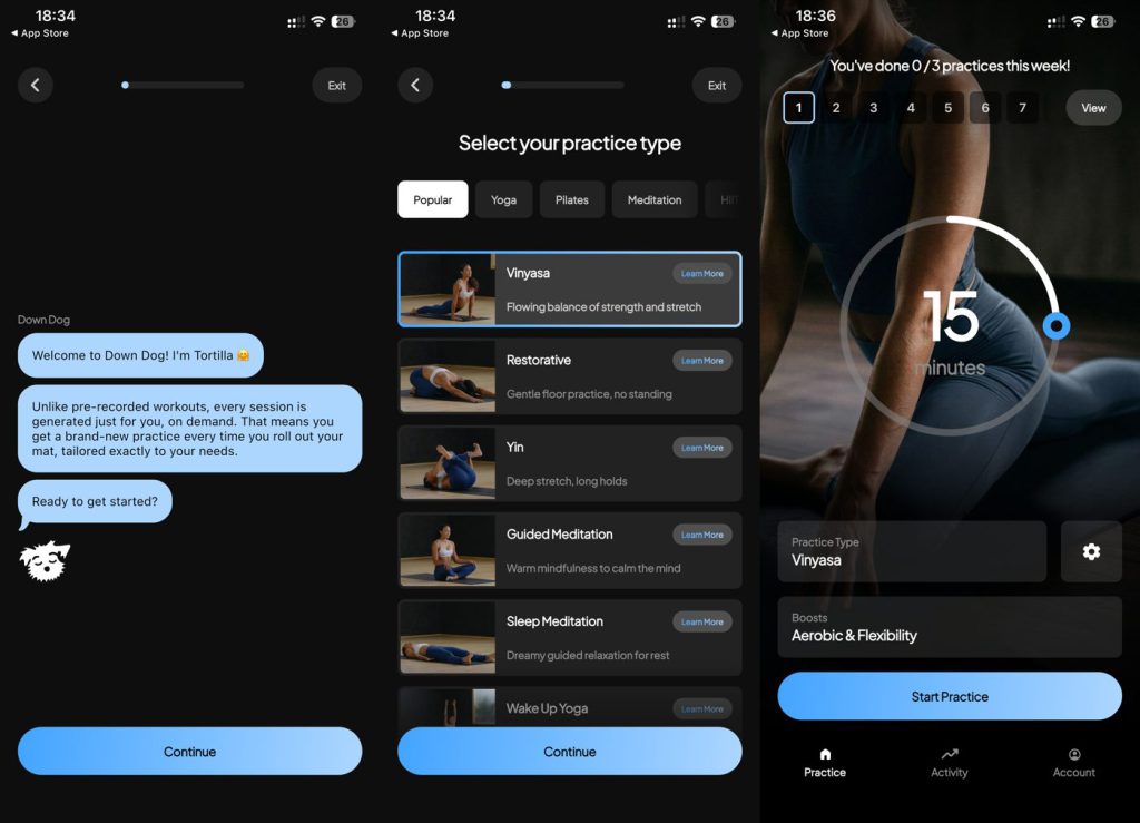 Down Dog app tested: the AI onboarding chat that generates each session, the practice-type selection with Vinyasa, Restorative, Yin and meditation, and a generated Pilates practice with adjustable length and Boosts, Beginner Workout App (2026)