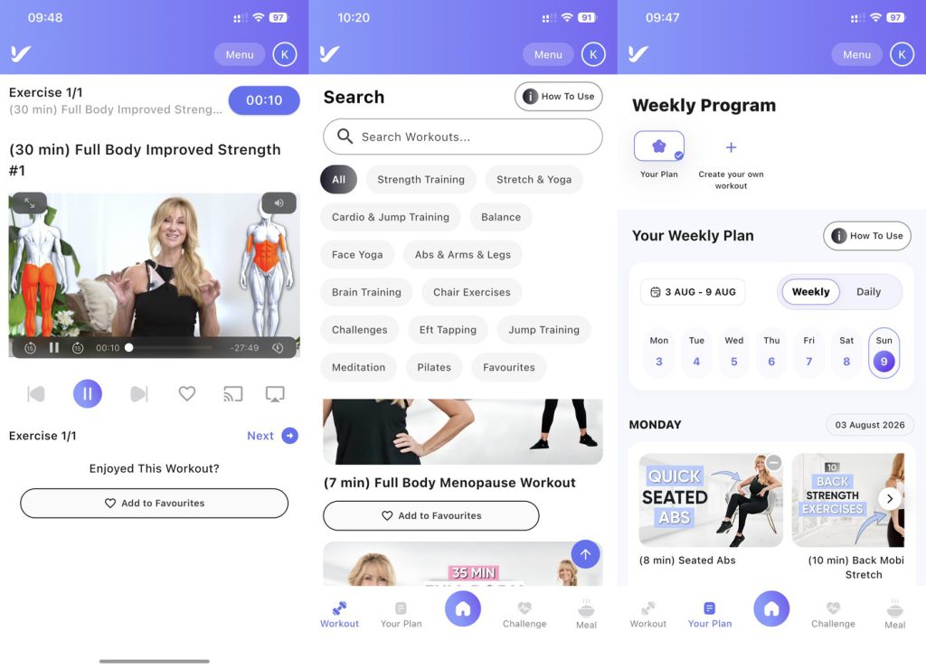 Fabulous50s app: a full-body strength workout with on-screen muscle-target body maps, the full category menu including EFT tapping and brain training, and the weekly plan, Exercise for Menopause Belly: What Actually Works (2026)