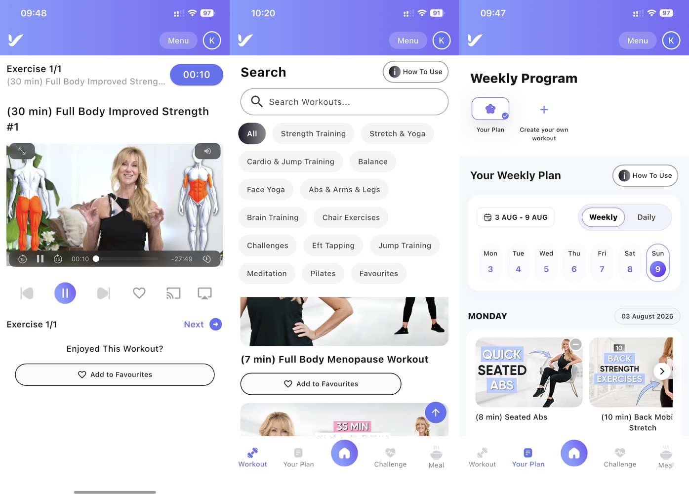 Fabulous50s app: a full-body strength workout with on-screen muscle-target body maps, the full category menu including EFT tapping and brain training, and the weekly plan
