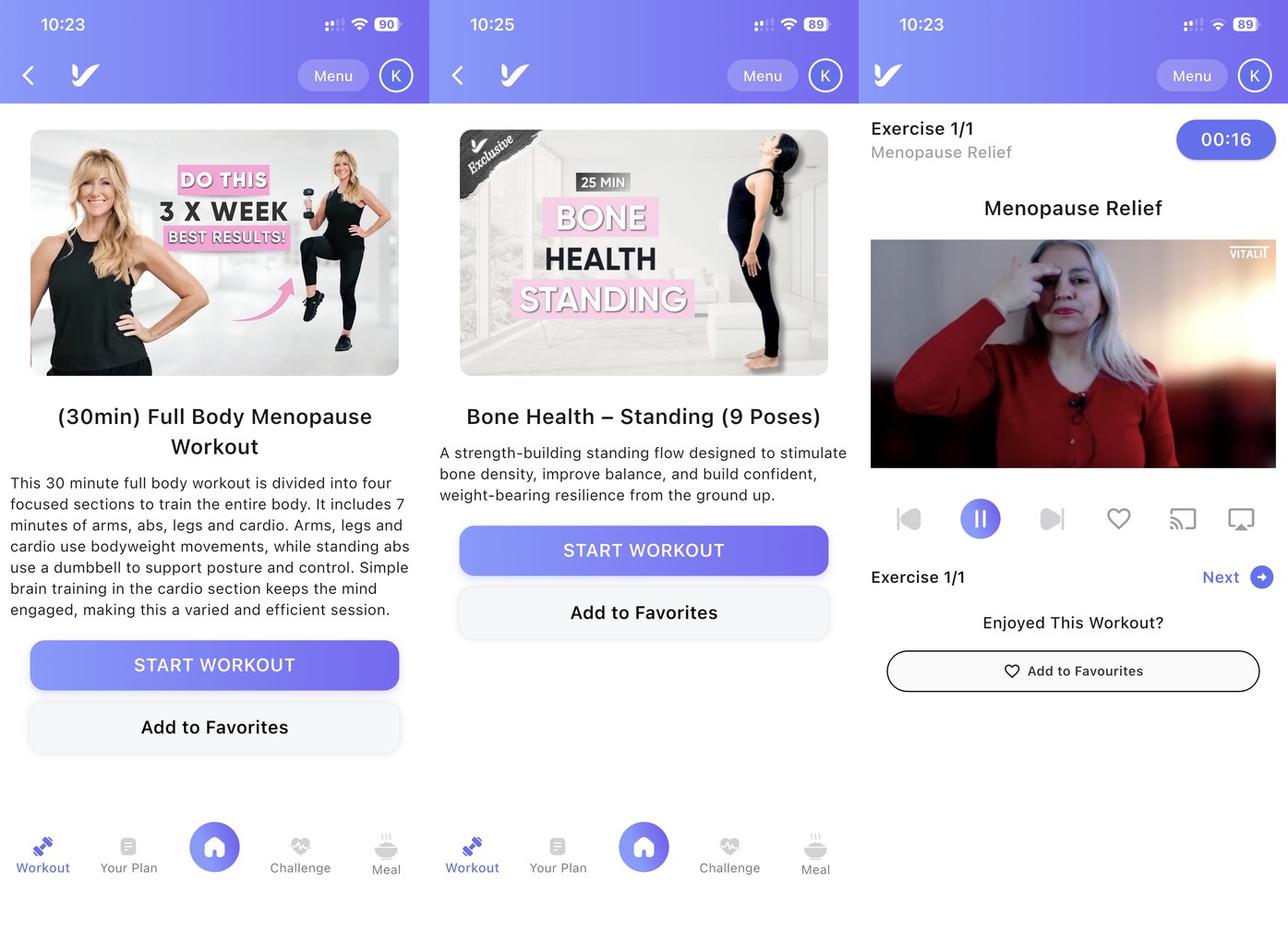Fabulous50s app: a 30-minute Full Body Menopause Workout, a Bone Health standing session for osteoporosis, and a Menopause Relief EFT tapping exercise