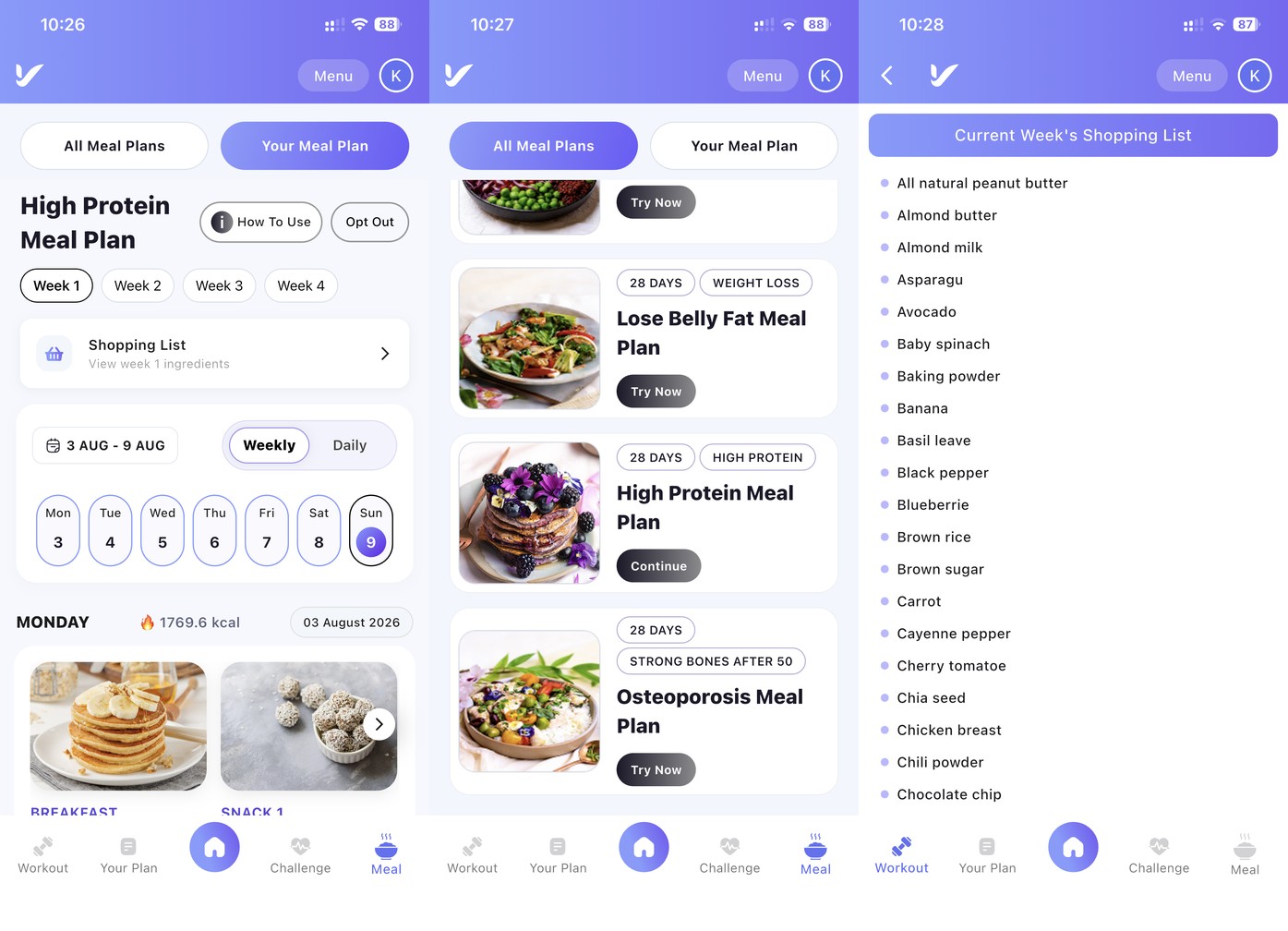 Fabulous50s app: a high-protein weekly meal plan with a shopping list, the meal-plan library including an Osteoporosis plan, and the current week shopping list