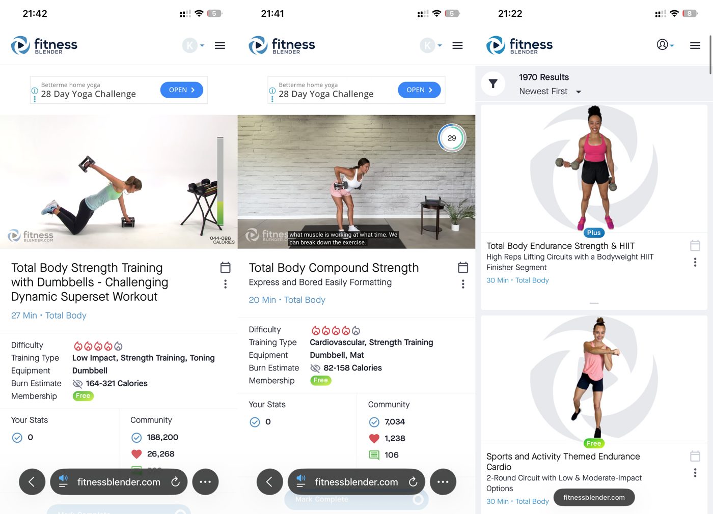 Fitness Blender strength workouts tested on free access: Total Body Strength Training with Dumbbells with Kelli and Total Body Compound Strength, both free, plus the workout library with nearly 2000 results filtered newest first