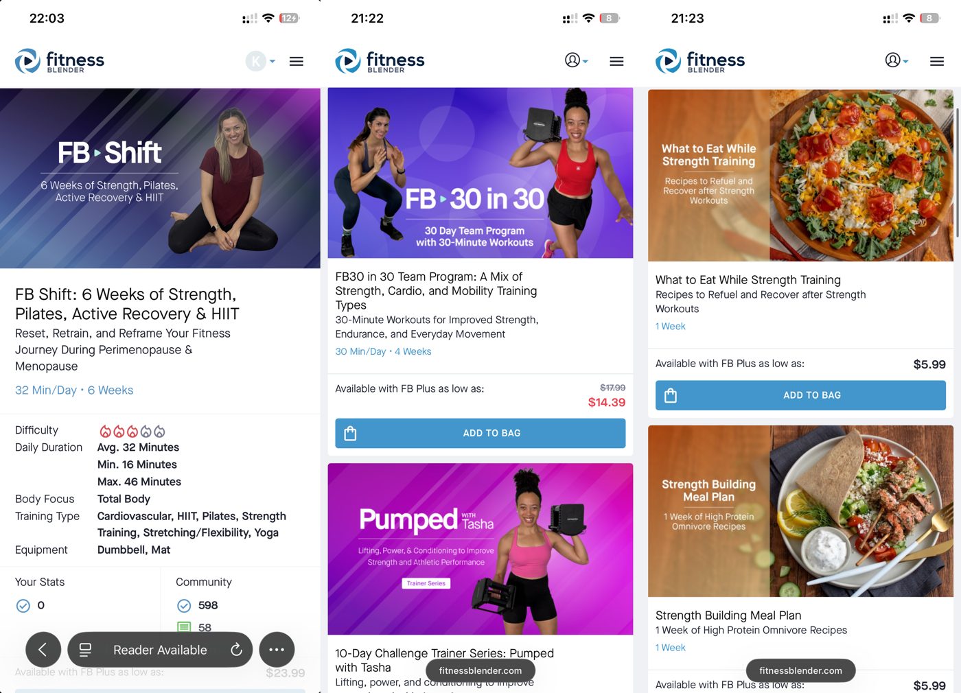 Fitness Blender FB Shift 6-week perimenopause and menopause program, the multi-week programs including FB30 in 30 and Pumped, and the strength-training meal plans