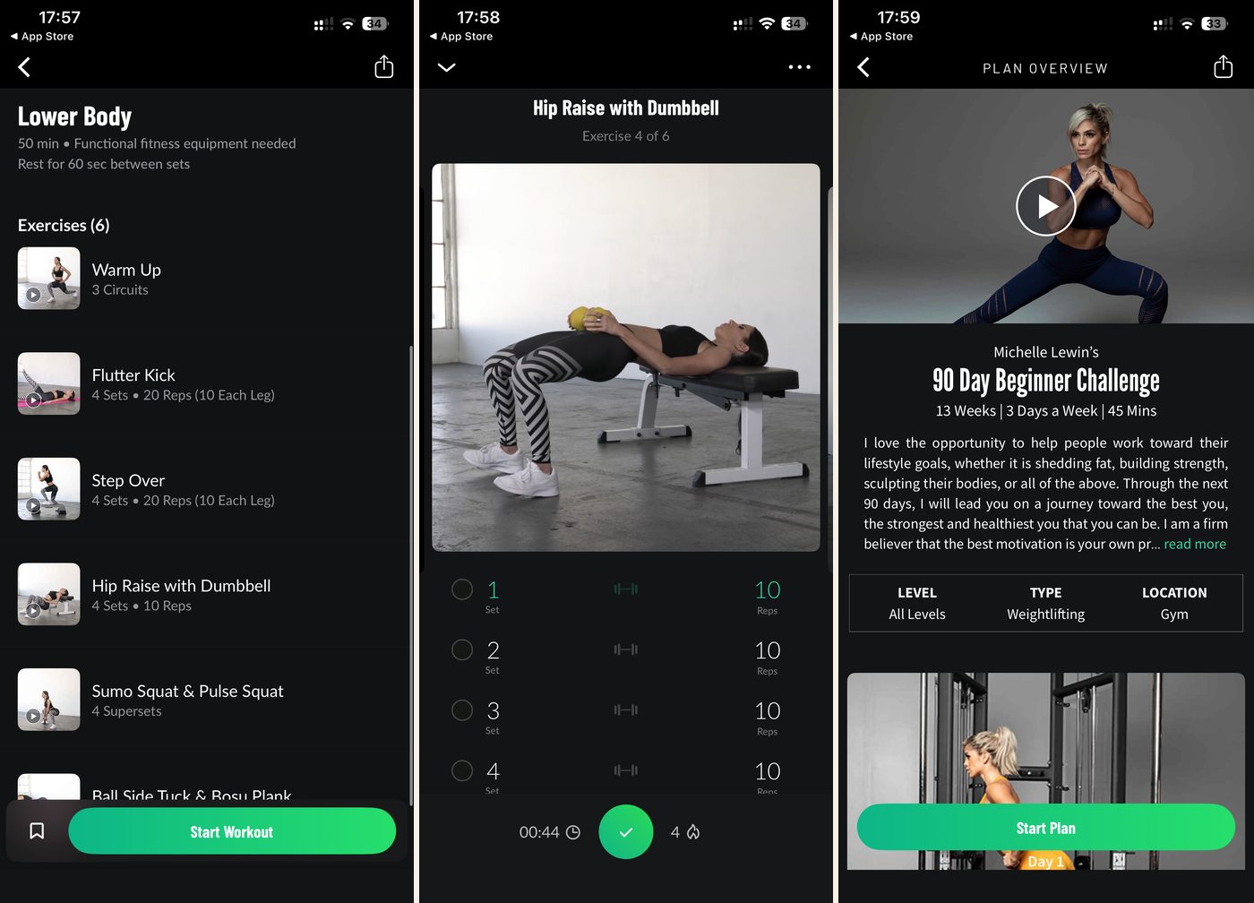Fitplan app: a lower-body workout with a warm-up and exercise list, a set in progress with logging, and a 13-week beginner plan overview