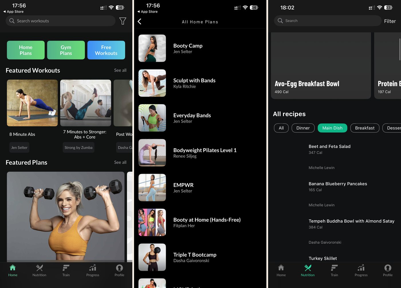 Fitplan app: the home, gym and free workouts split, the range of home plans including bands and Pilates, and the recipe library