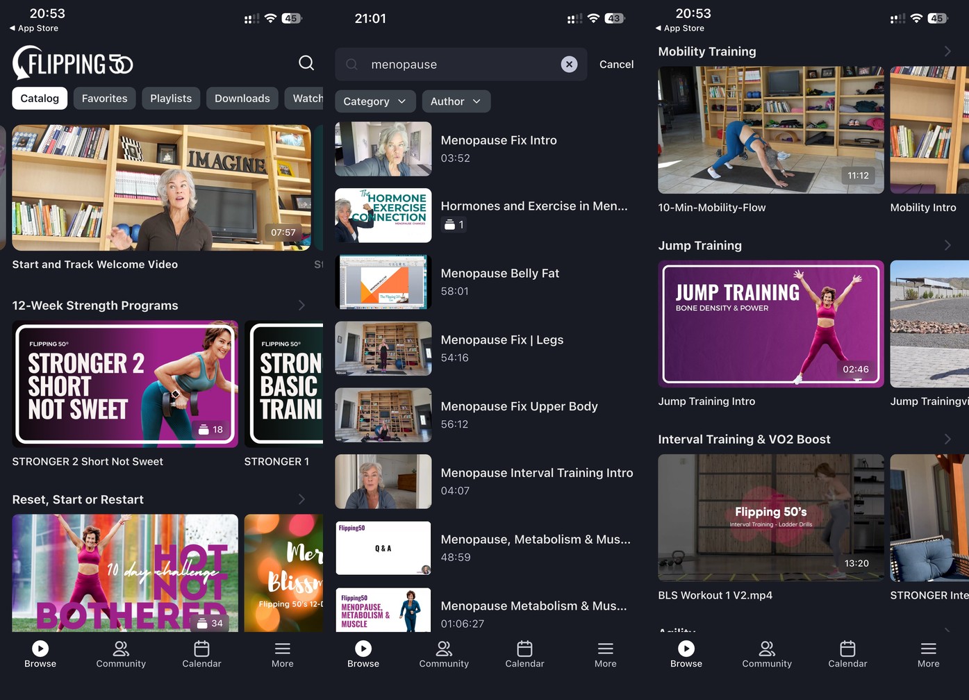 Flipping 50 app screens showing the STRONGER strength programmes staged for perimenopause, menopause and postmenopause, Workouts for Menopause (2026)