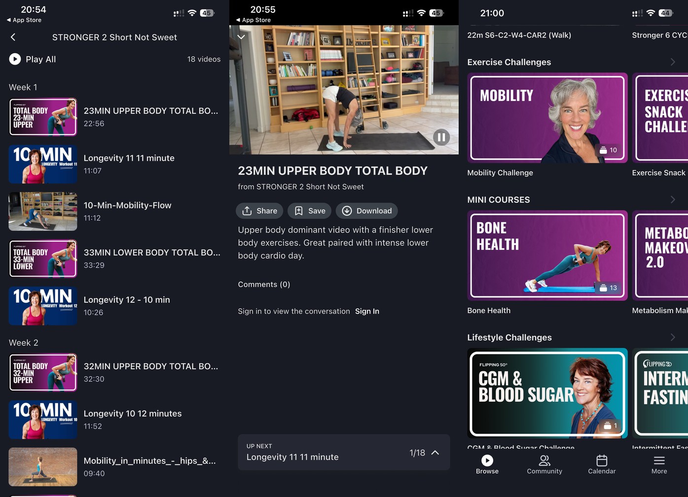 Flipping 50 app showing a STRONGER program weekly plan, a 23-minute total-body strength workout, and Bone Health and Metabolism mini-courses