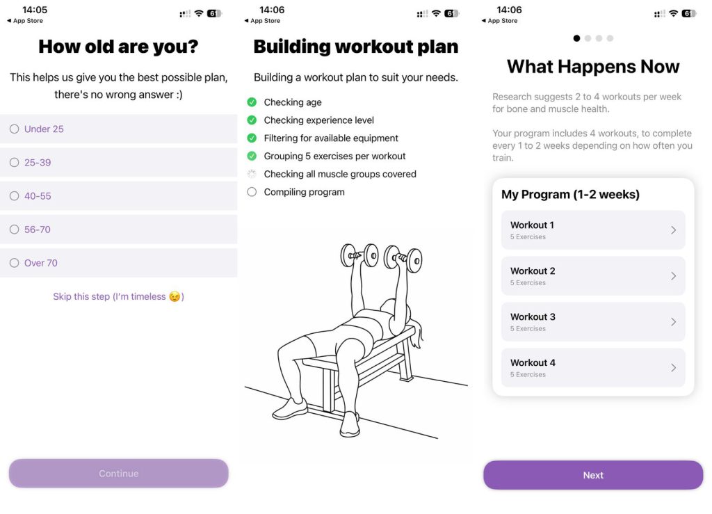 Fortify app onboarding: an age question, the plan-building checklist, and a My Program summary of four workouts.