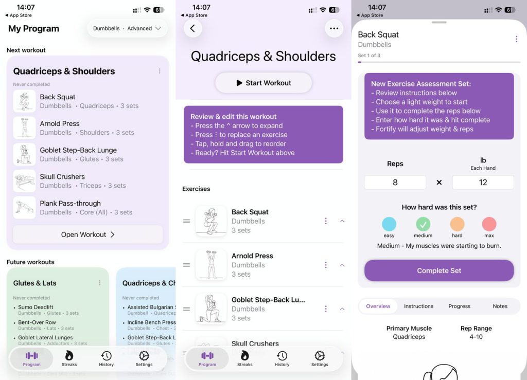 Fortify app screens: the My Program list, a Quadriceps and Shoulders workout, and a set-logging screen rating effort.