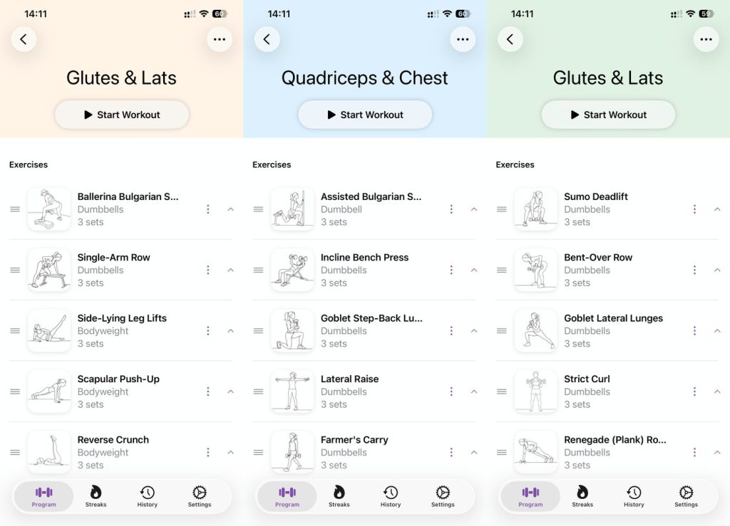 Fortify app workout plans: Glutes and Lats, Quadriceps and Chest, and another Glutes and Lats session, each a five-exercise dumbbell list.
