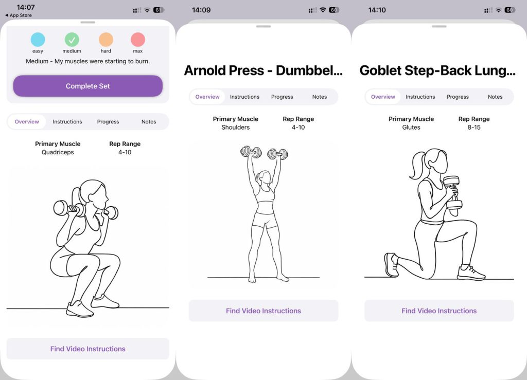 Fortify app exercise pages: a Back Squat, Arnold Press, and Goblet Step-Back Lunge showing primary muscle, rep range, and a line-drawing demo.