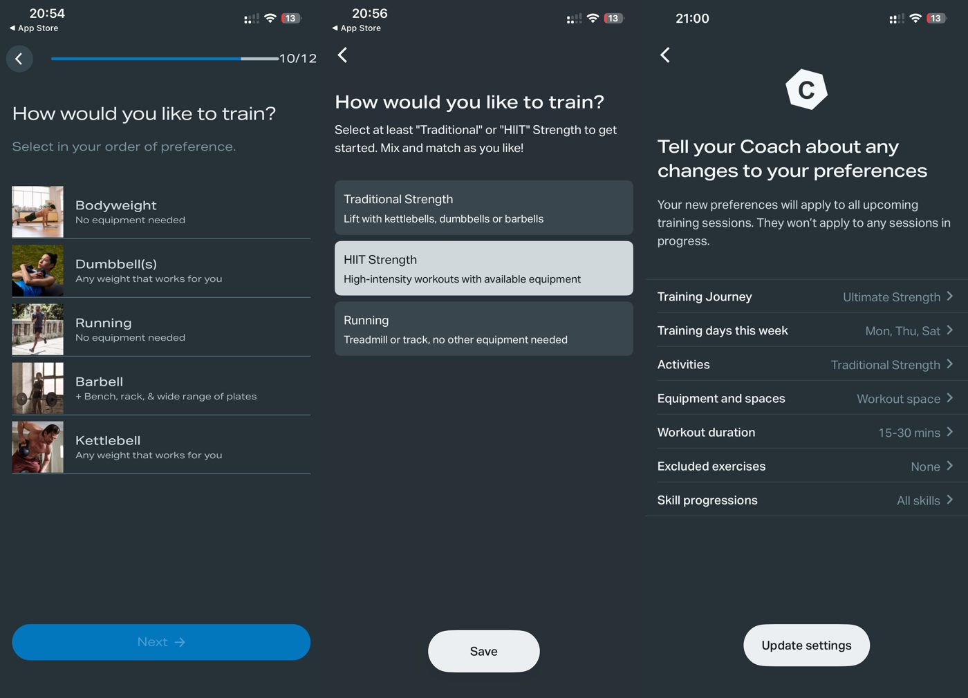 Freeletics onboarding: ranking equipment from bodyweight to dumbbells, barbell and kettlebell, choosing Traditional Strength over HIIT, and the preferences screen with training journey, activities, workout duration and excluded exercises