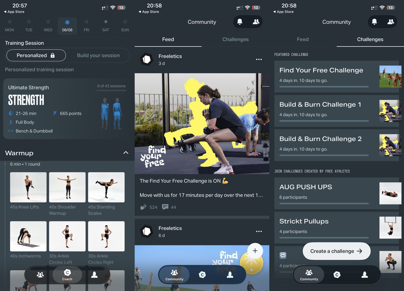 Freeletics generated Ultimate Strength full-body session with bench and dumbbell and a warmup, alongside the community feed and challenges