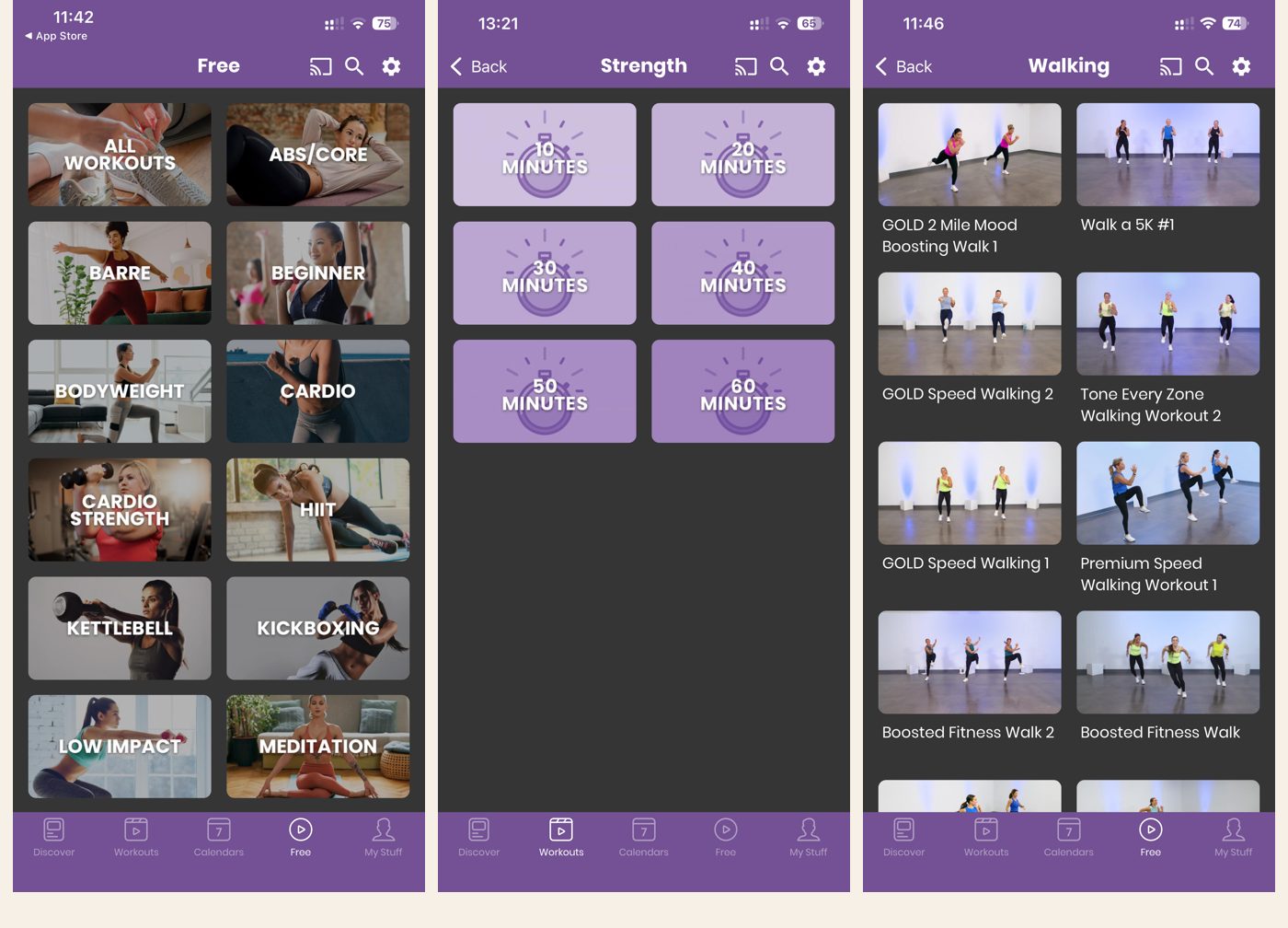 Get Healthy U TV: the on-demand workout library filtered by time, with low impact, strength, walking and barre categories and short 20 to 30 minute options
