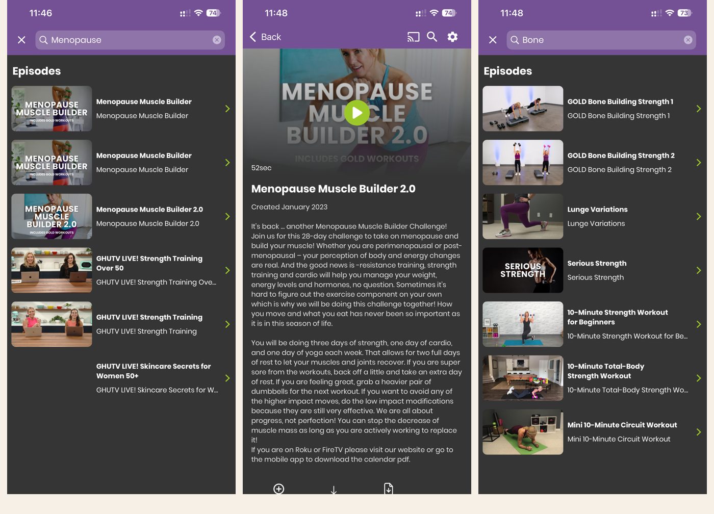 Get Healthy U TV GOLD: the Lift strength workout in a studio with a coach demonstrating and a modification shown, and the peri and menopause programme with its weekly split
