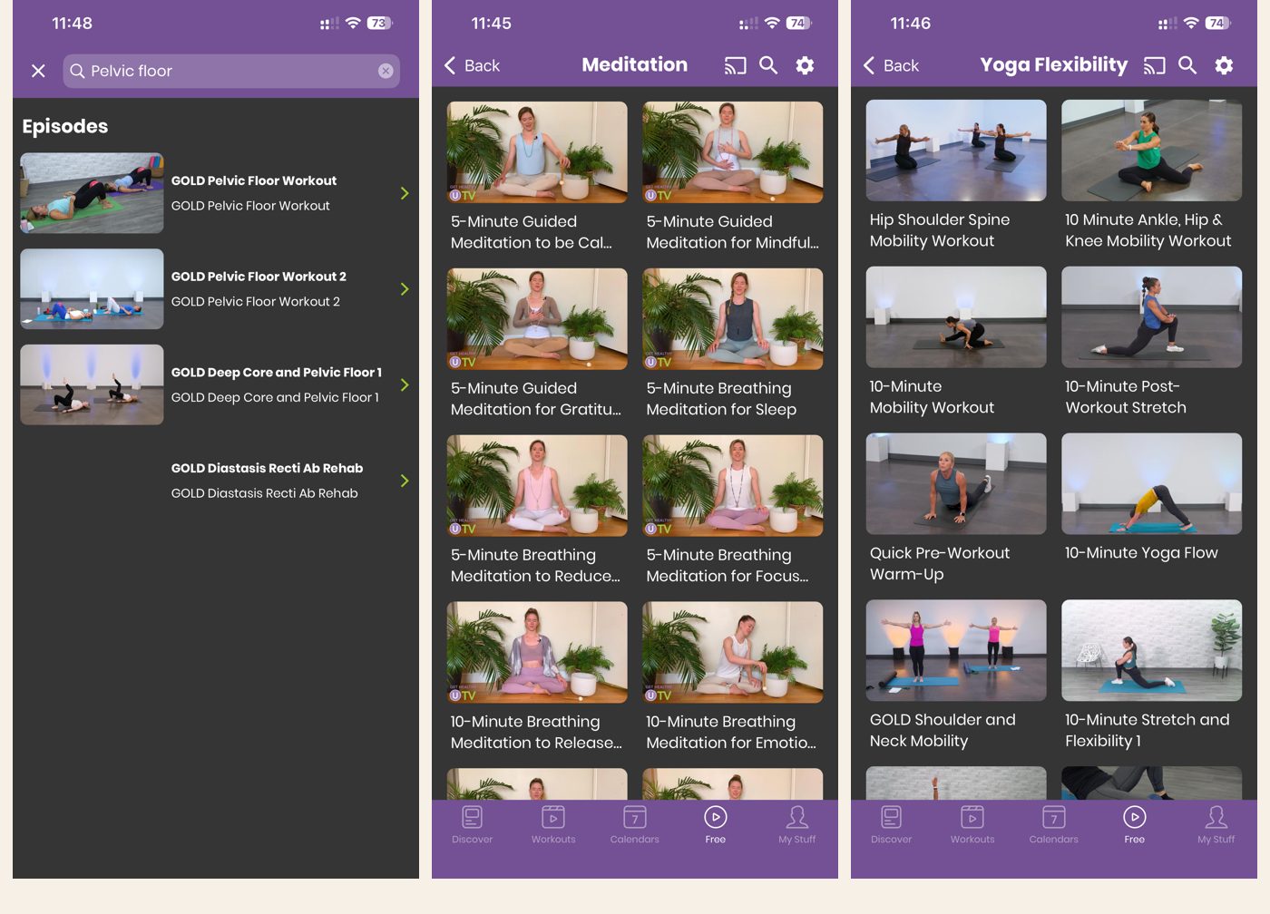Get Healthy U TV: a pelvic-floor search showing GOLD Pelvic Floor, Deep Core and Diastasis Recti workouts, the meditation library, and the yoga and mobility section