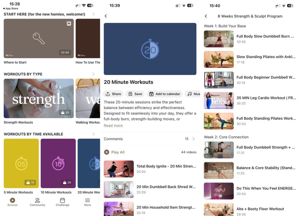 growwithjo app browse menus showing workouts by type and by time, a 20 minute workouts collection, and the 8 Week Strength and Sculpt programme, Low Impact Cardio for Women Over 40 (2026)