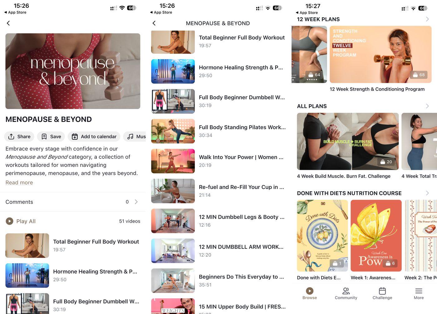 growwithjo Menopause and Beyond category with 51 videos, the workout list, and the 12 week plans section