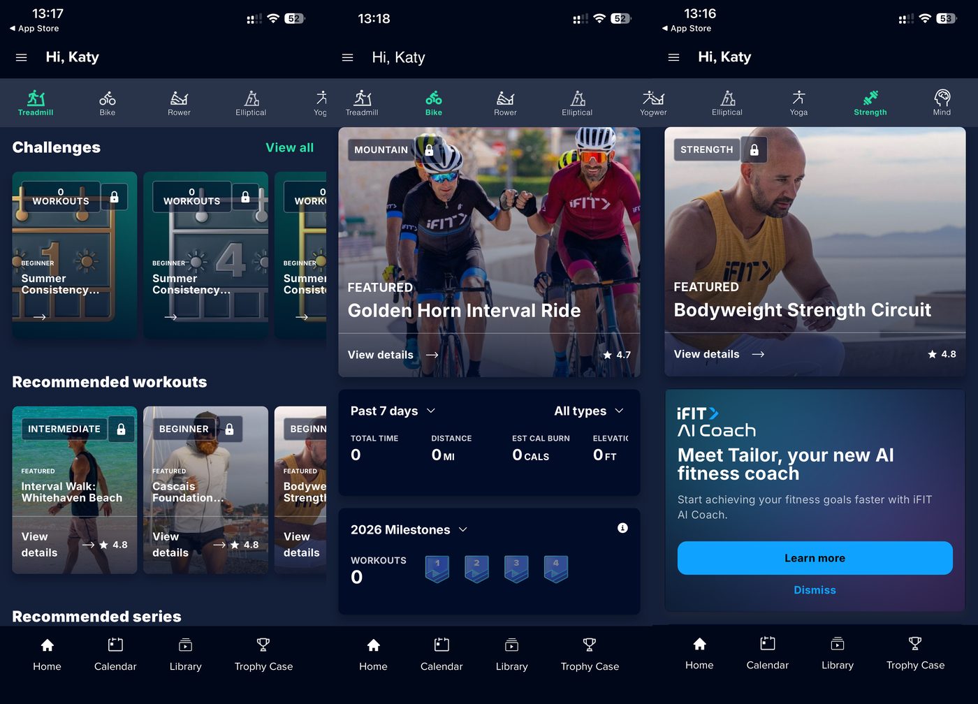 iFit app home screens for treadmill, bike and strength, showing the multi-discipline library and the iFIT AI Coach Meet Tailor prompt