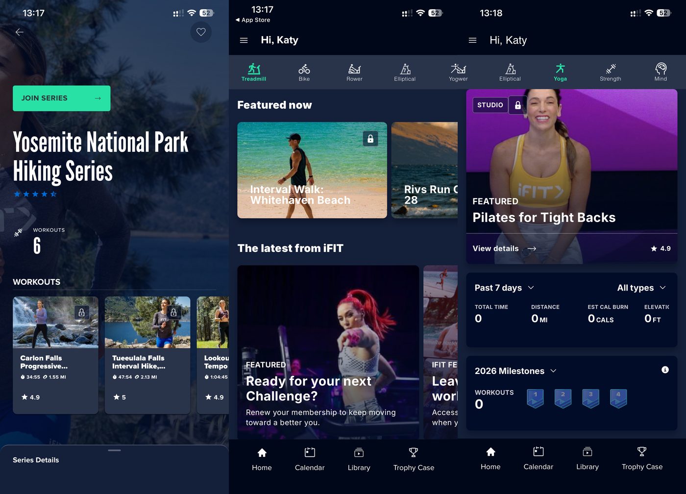 iFit app scenic Global Workouts including the Yosemite National Park hiking series and an Interval Walk on Whitehaven Beach, plus a featured Pilates for Tight Backs class