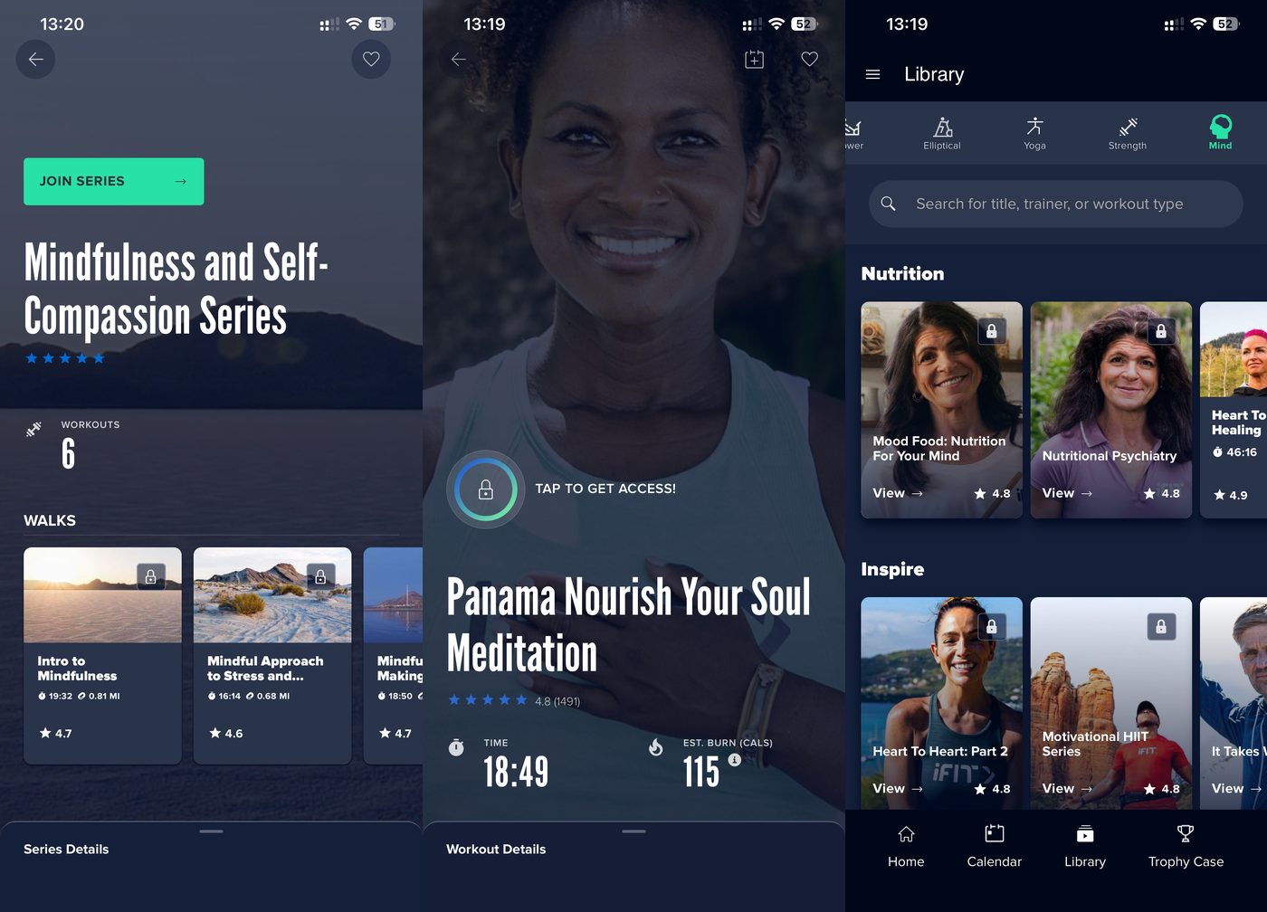 iFit app Mind section with a Mindfulness and Self-Compassion series, a guided meditation, and Nutrition and Inspire content