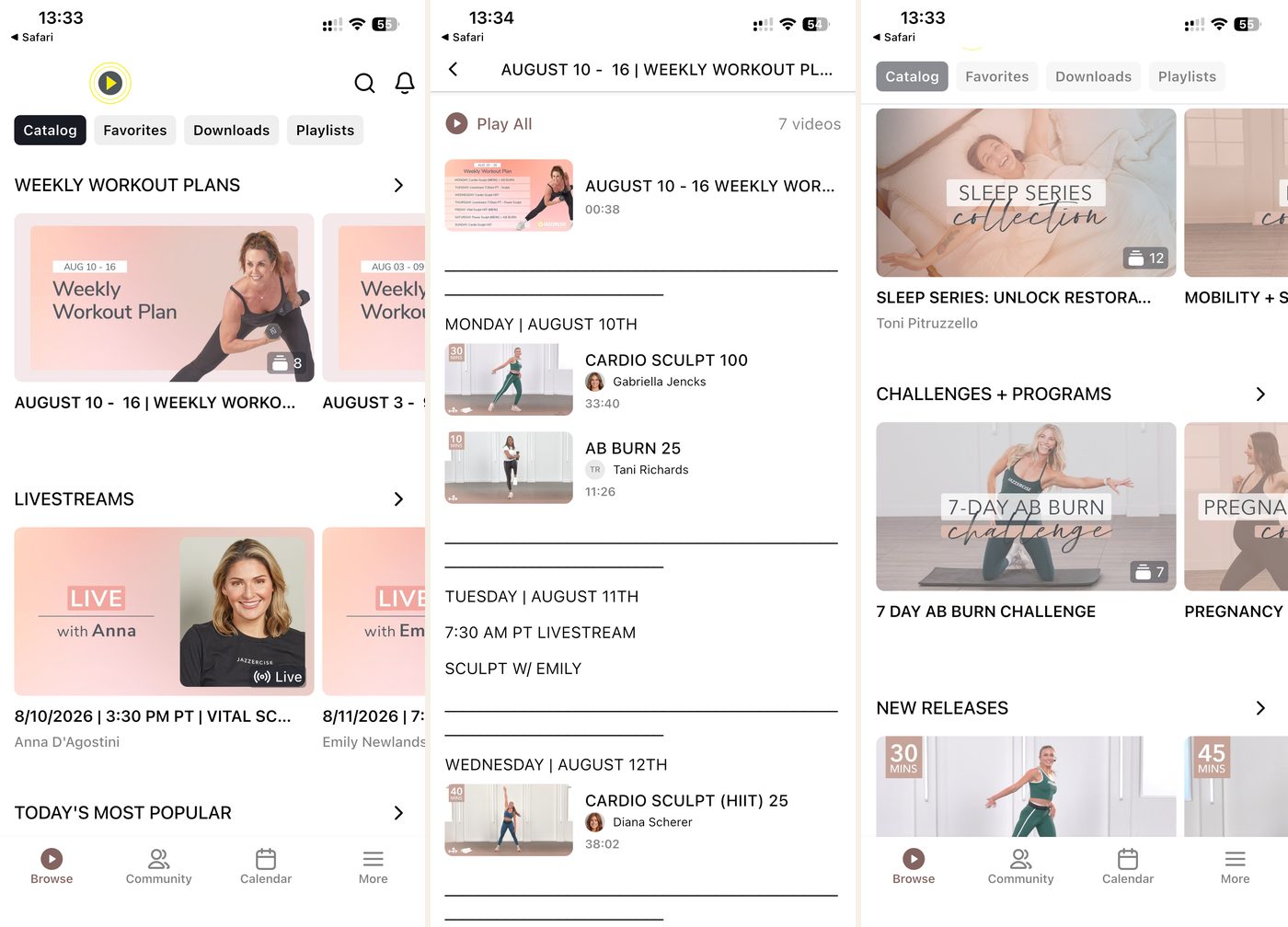 Jazzercise On Demand app: the catalog with weekly workout plans and livestreams, a structured weekly plan, and challenges and programmes