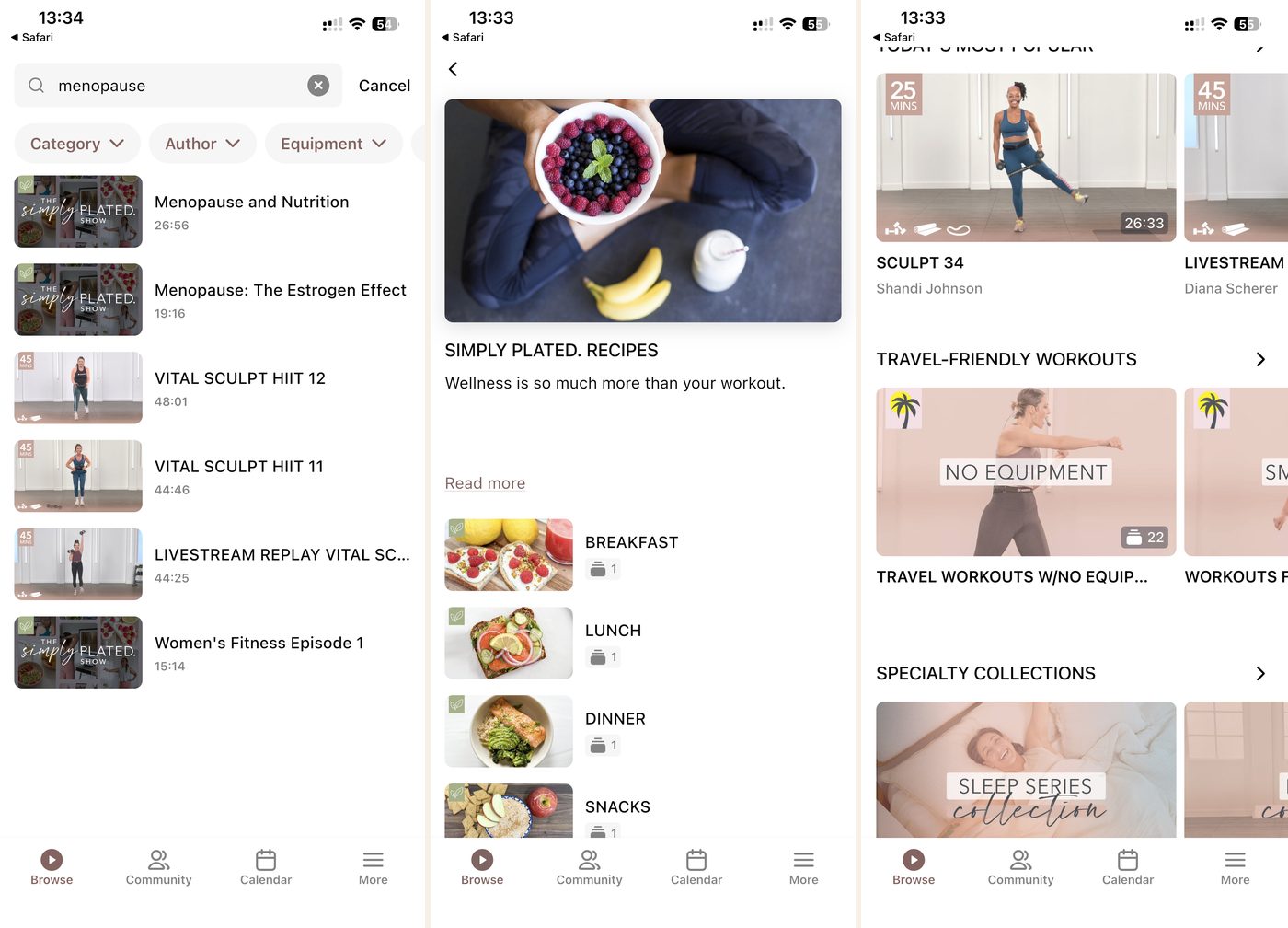 Jazzercise On Demand: a menopause search showing Vital Sculpt HIIT and menopause education, the Simply Plated recipe library, and specialty collections