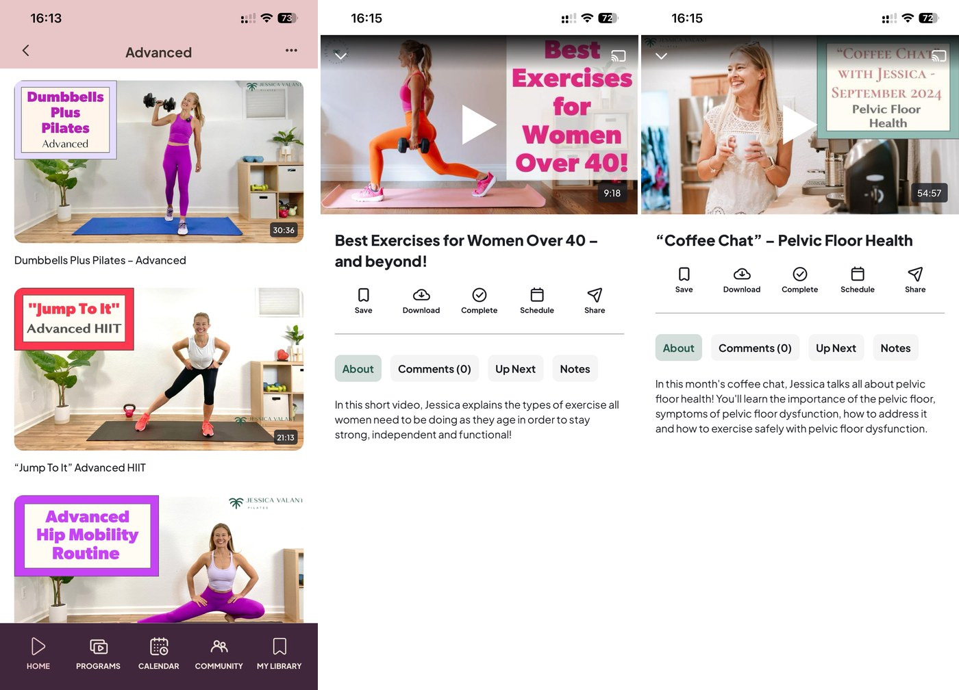 Jessica Valant Pilates app screens showing the pelvic floor and prolapse-safe class collection, Best Pelvic Floor Exercise App (2026)