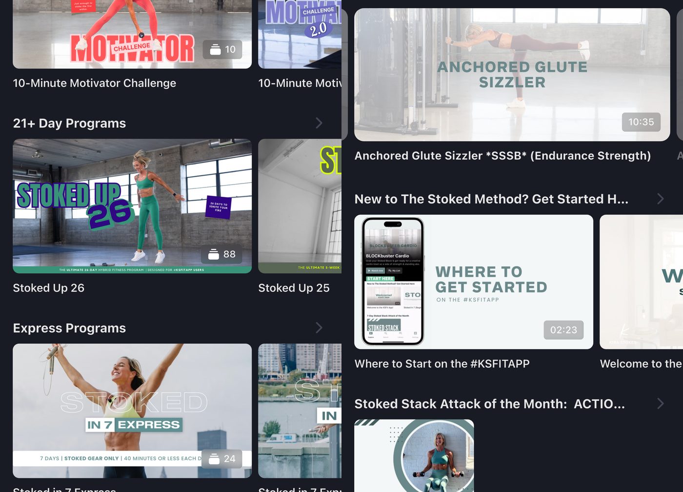 Kira Stokes Fit challenges and multi-week programs including the 10-Minute Motivator, Stoked Up 26, Stoked in 7 Express and a getting-started section
