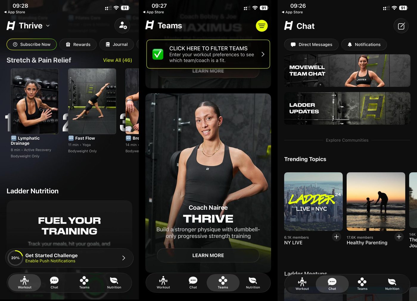 Ladder app browse screens: stretch and pain relief, coach-led teams, and community chat.