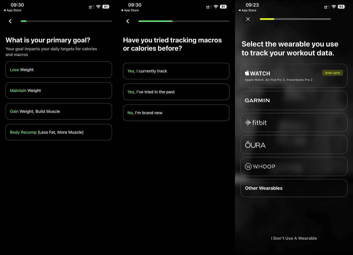 Ladder app onboarding screens: choosing a primary goal, a macro-tracking question, and wearable sync setup.