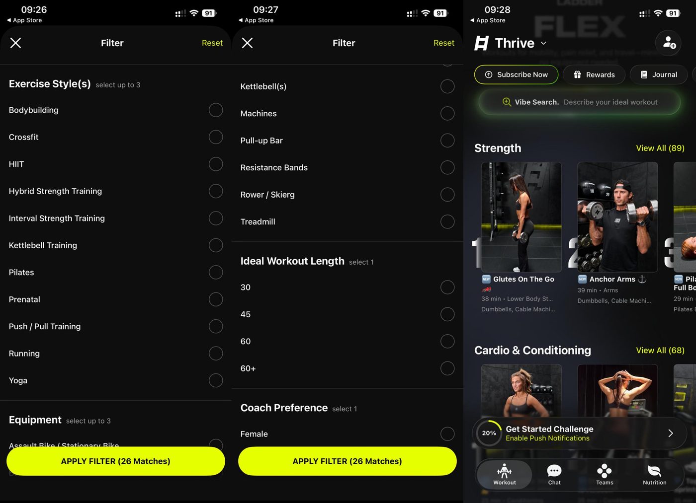 Ladder app search and filter screens for exercise styles, equipment, and workout vibe.