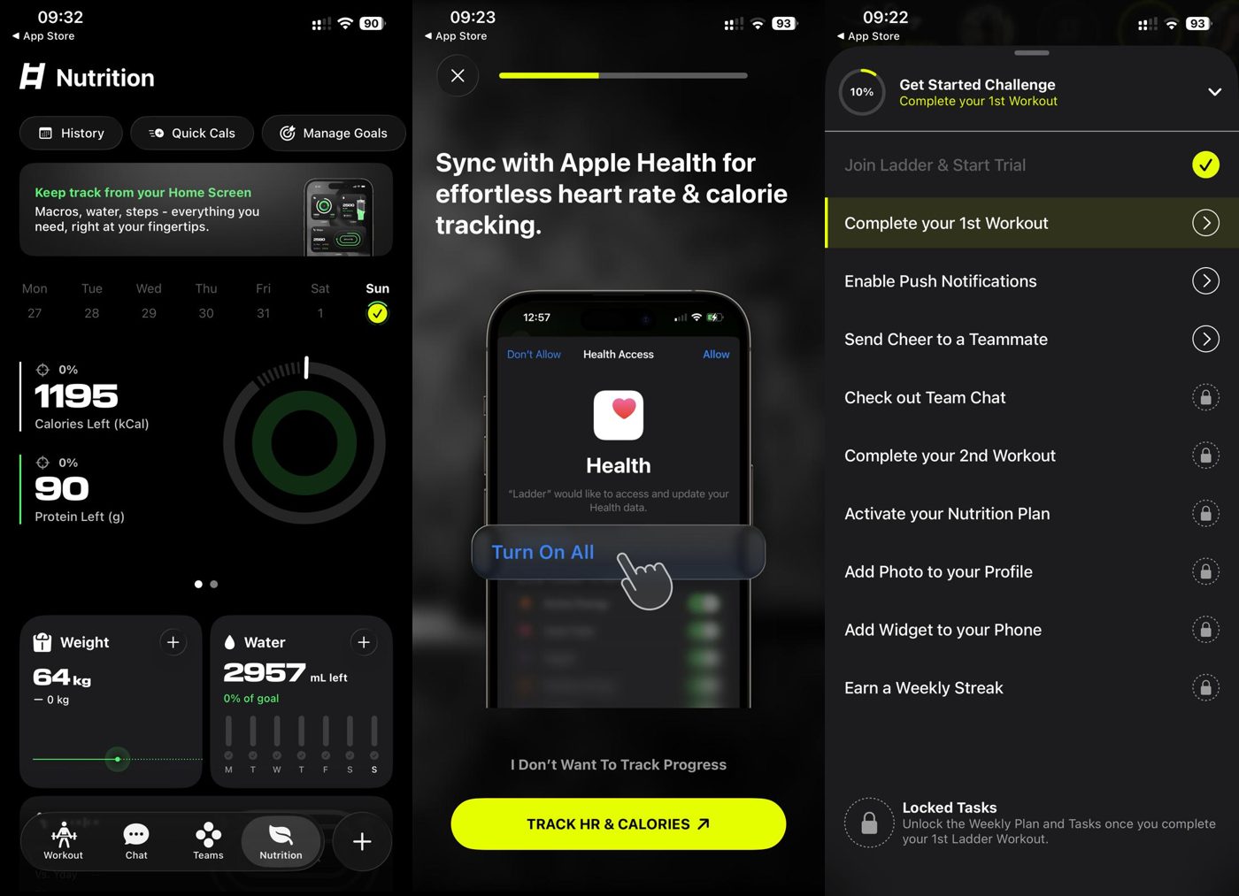 Ladder app nutrition dashboard, Apple Health sync screen, and get-started challenge checklist.