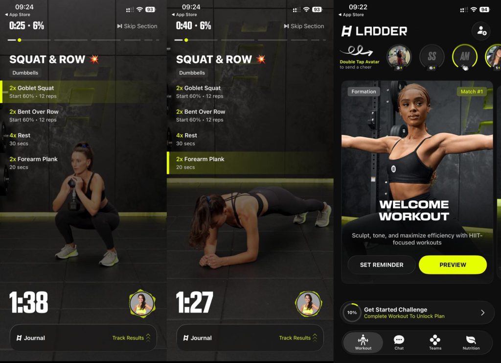 Ladder app during a workout showing a goblet squat, a plank, and the welcome workout screen., Strength Training App for Women (2026)