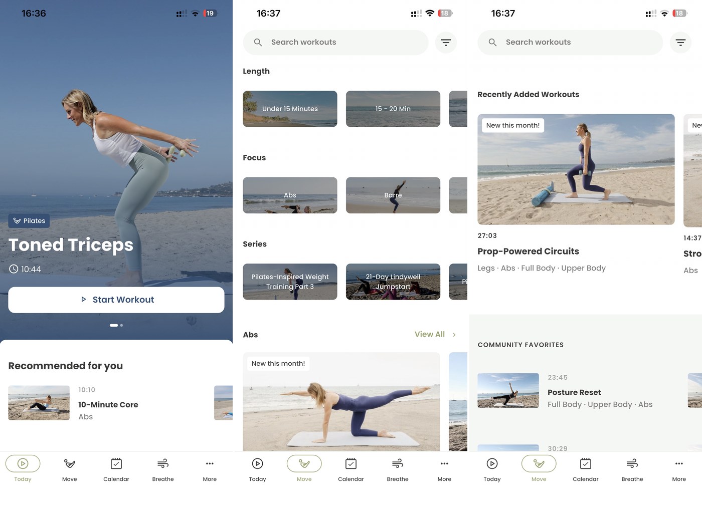 Lindywell app: the Today home screen, the Move library with Length, Focus and Series including the 21-Day Lindywell Jumpstart, and Recently Added workouts with Community Favourites