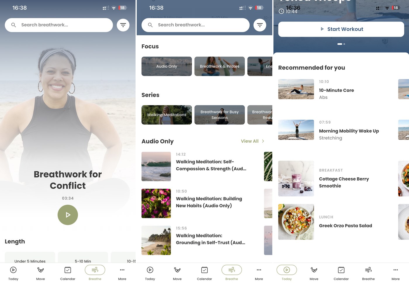 Lindywell app: a Breathwork for Conflict session, the Breathe library with Walking Meditations and audio-only sessions, and registered-dietitian recipe ideas