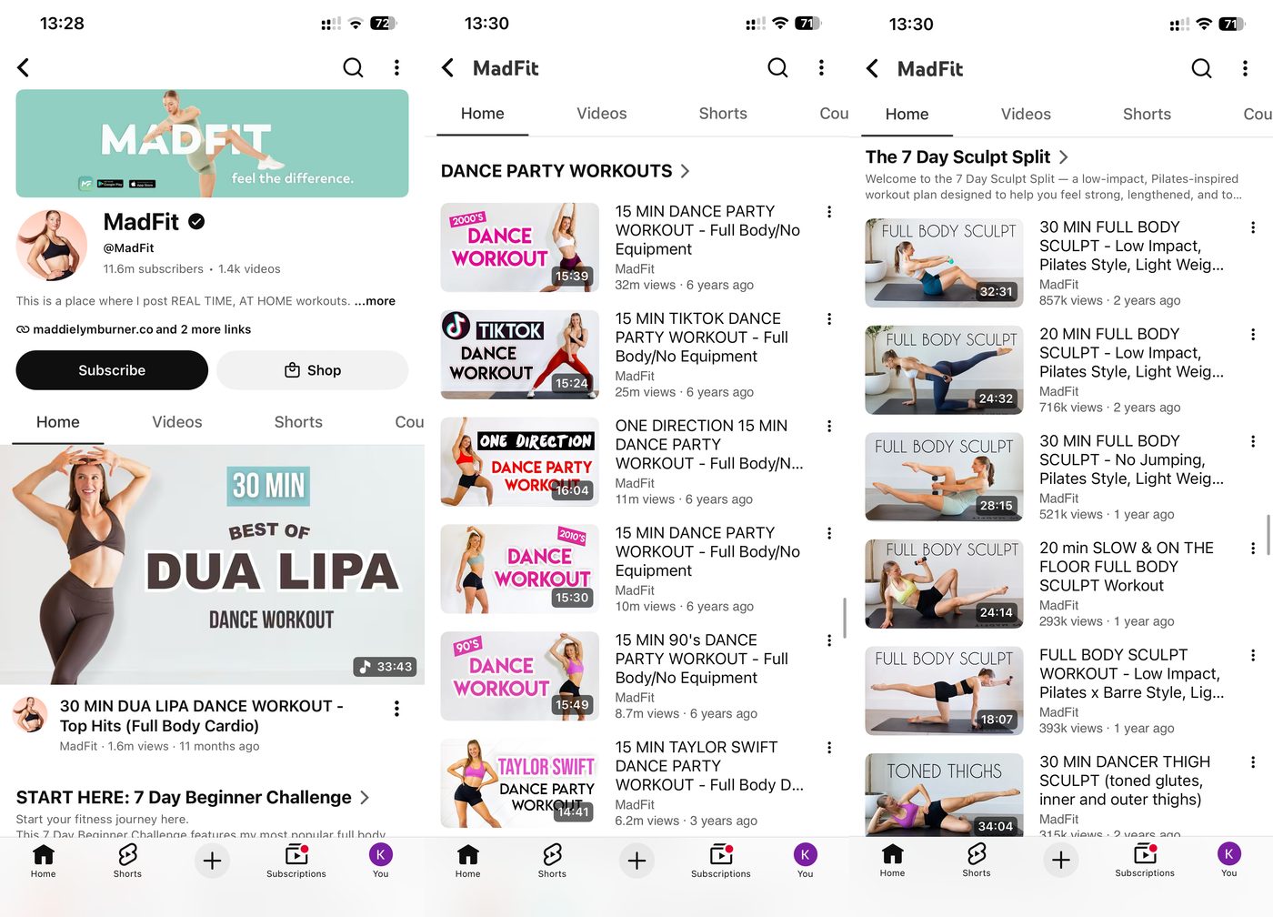 MadFit free YouTube channel showing dance party workouts and low-impact full body sculpt playlists by Maddie Lymburner