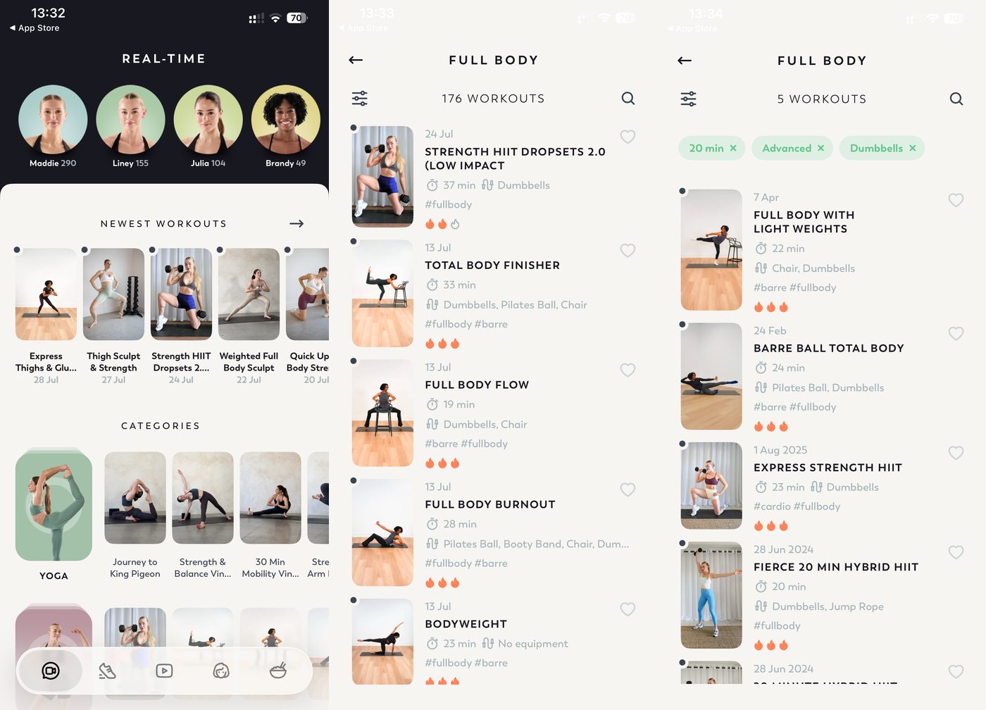 MadFit app home with multiple trainers, a 176-workout full body library and filters for intensity, equipment and time