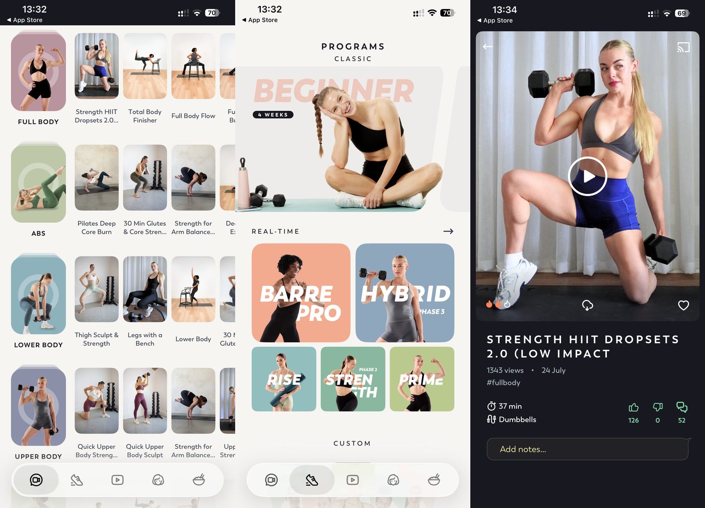 MadFit app categories and structured multi-week programmes including Beginner, Barre Pro, Hybrid, Rise, Strength and Prime