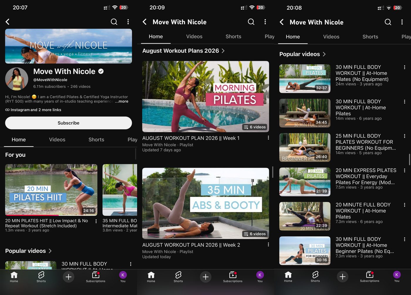 Move With Nicole YouTube channel showing 6.11 million subscribers and her certified Pilates and yoga instructor bio, the August 2026 workout plans, and popular full-body Pilates videos