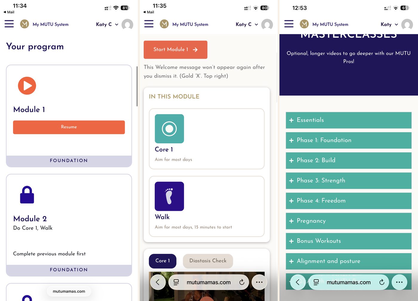 My MUTU System account: my programme in the Foundation phase, a module showing the daily Core and Walk, and the four phases Foundation, Build, Strength and Freedom