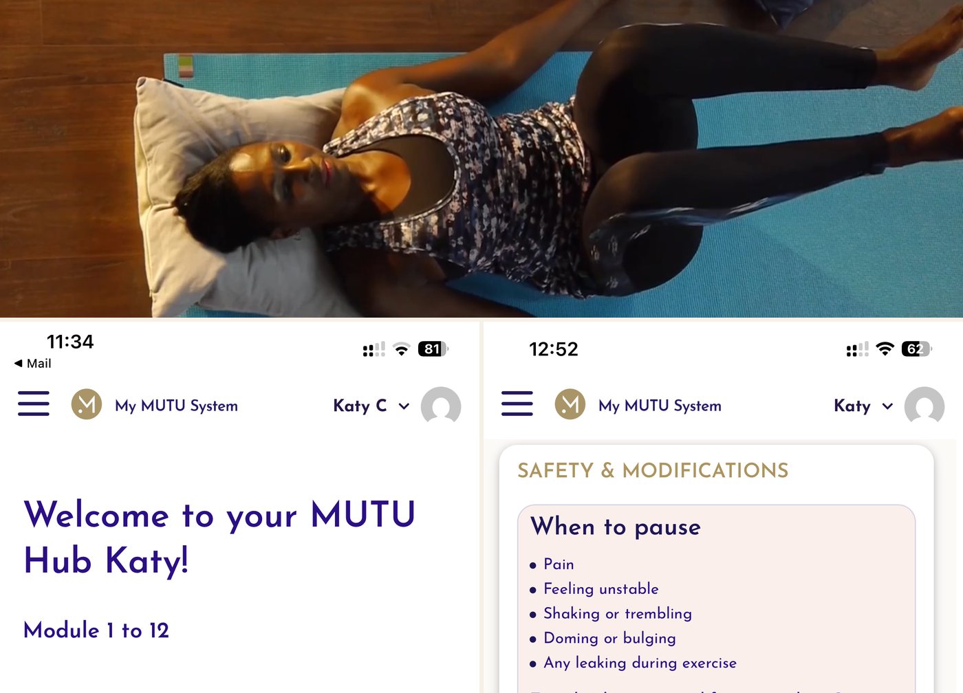 MUTU System app screens showing the core and pelvic floor programme with breath-led sessions, Best Pelvic Floor Exercise App (2026)