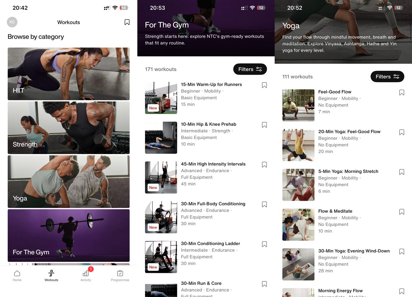 Nike Training Club free library across HIIT, strength, yoga and For The Gym, with 171 gym workouts and 111 yoga workouts