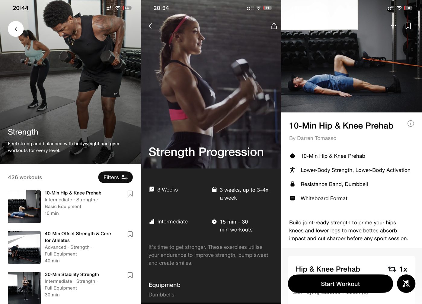 Nike Training Club strength category with 426 workouts, the Strength Progression dumbbell program, and the Hip and Knee Prehab joint workout