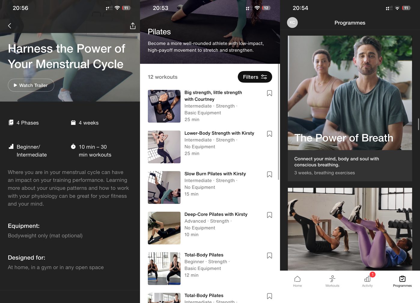 Nike Training Club programs including Harness the Power of Your Menstrual Cycle, Pilates workouts and The Power of Breath